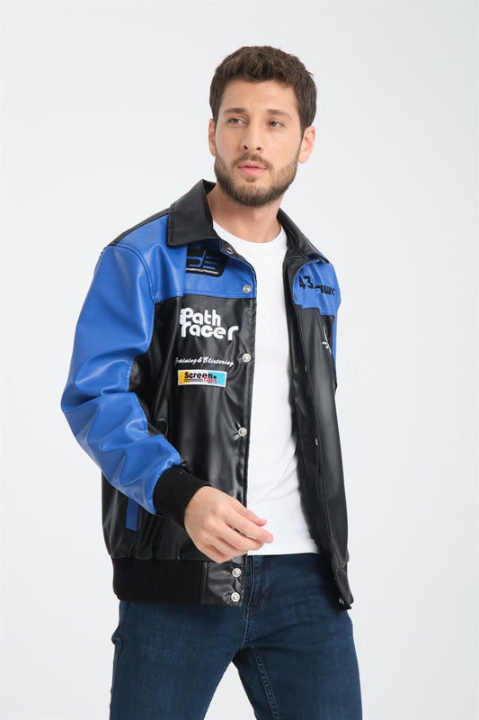 R-2384 Embroidered Detail Lined Faux Leather Jacket