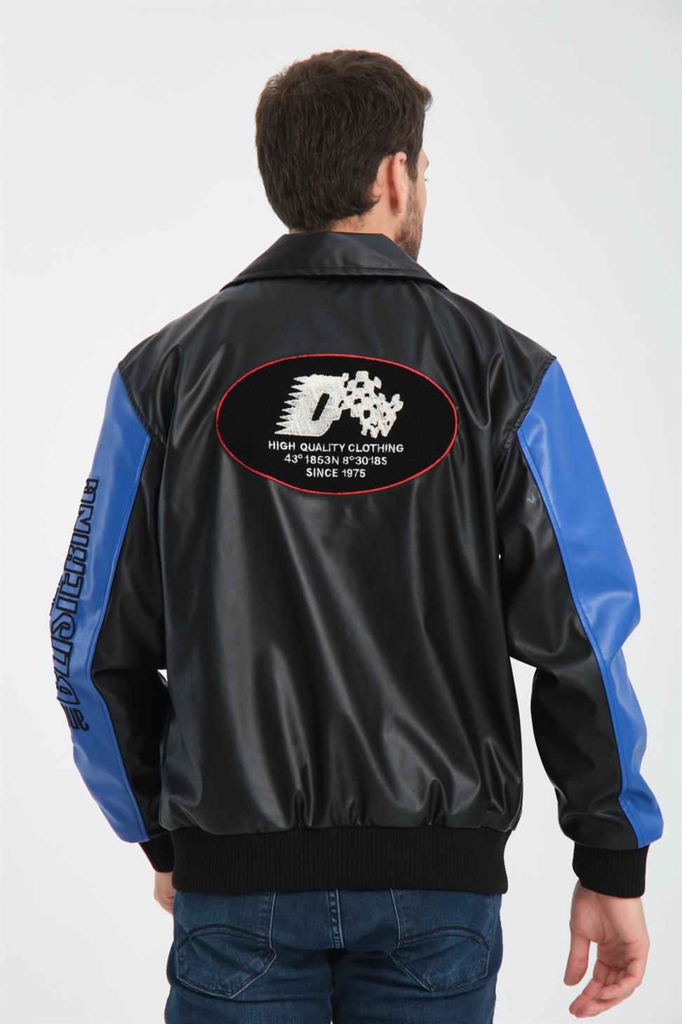 R-2384 Embroidered Detail Lined Faux Leather Jacket