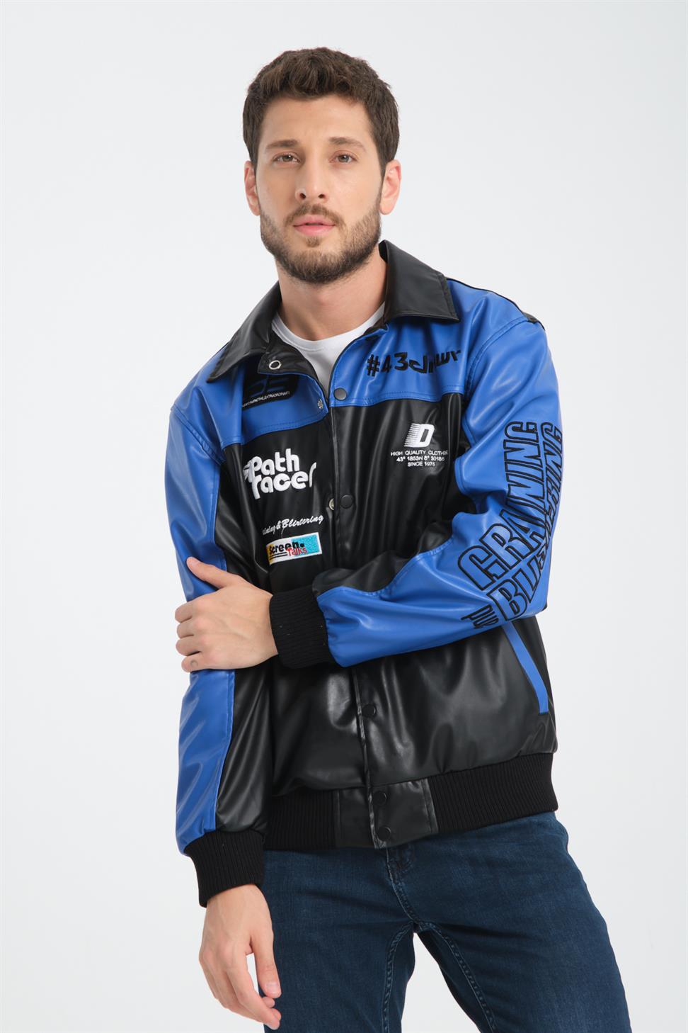 R-2384 Embroidered Detail Lined Faux Leather Jacket