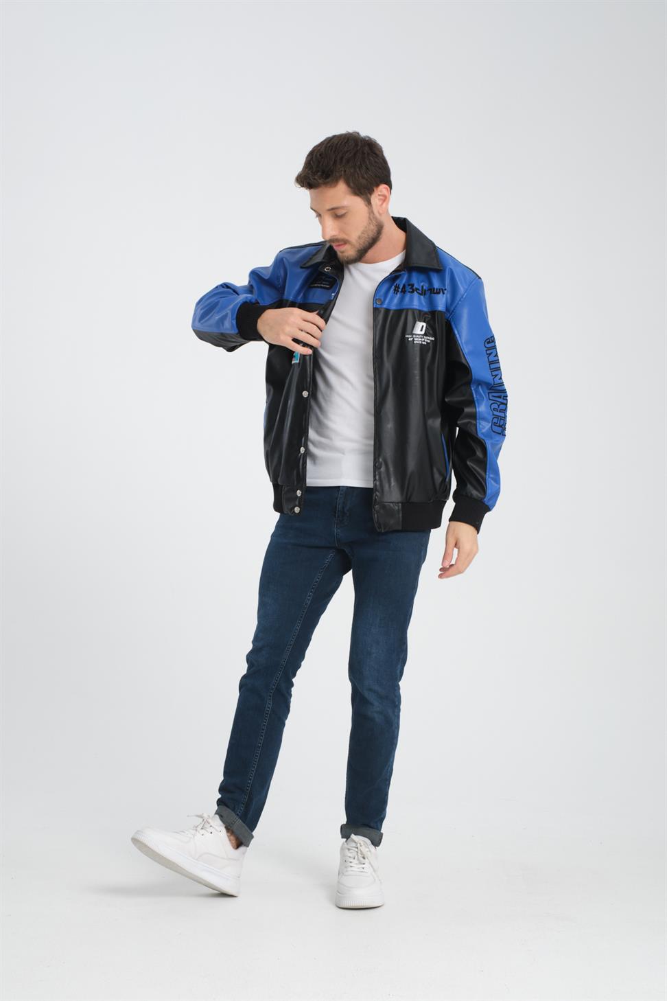 R-2384 Embroidered Detail Lined Faux Leather Jacket