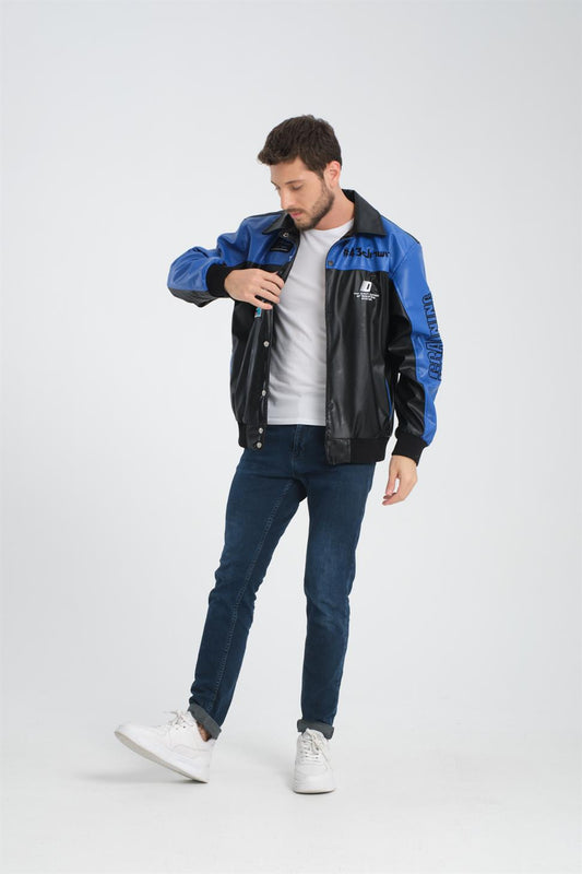 R-2384 Embroidered Detail Lined Faux Leather Jacket