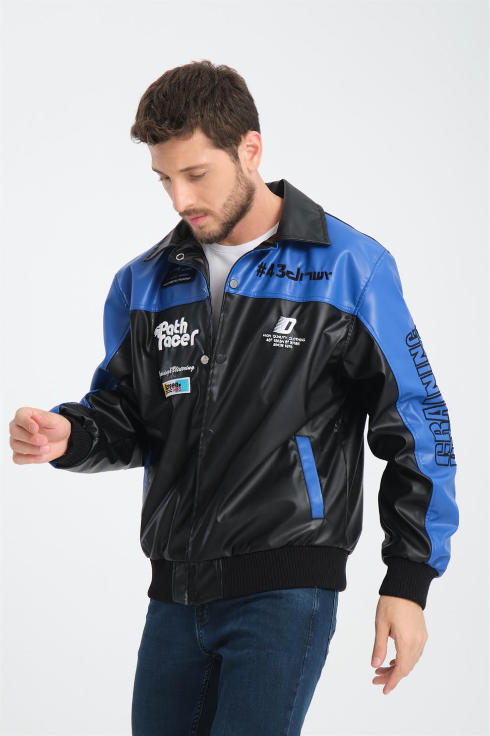 R-2384 Embroidered Detail Lined Faux Leather Jacket