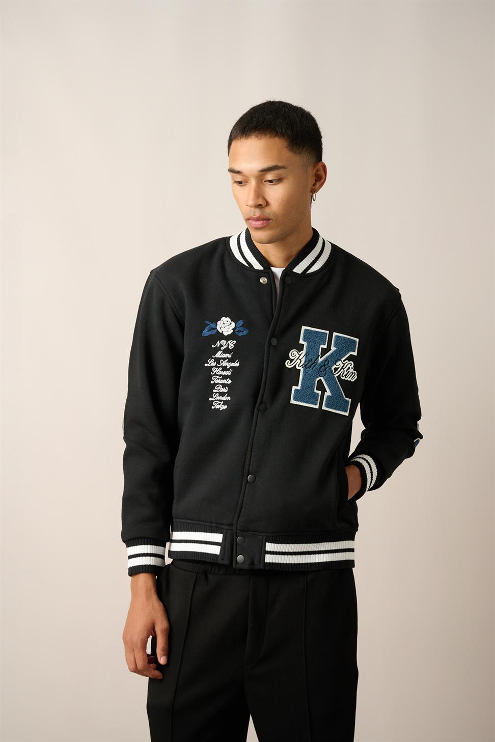 R-2429 Men’s Embroidered Fleece-Lined College Jacket – Black