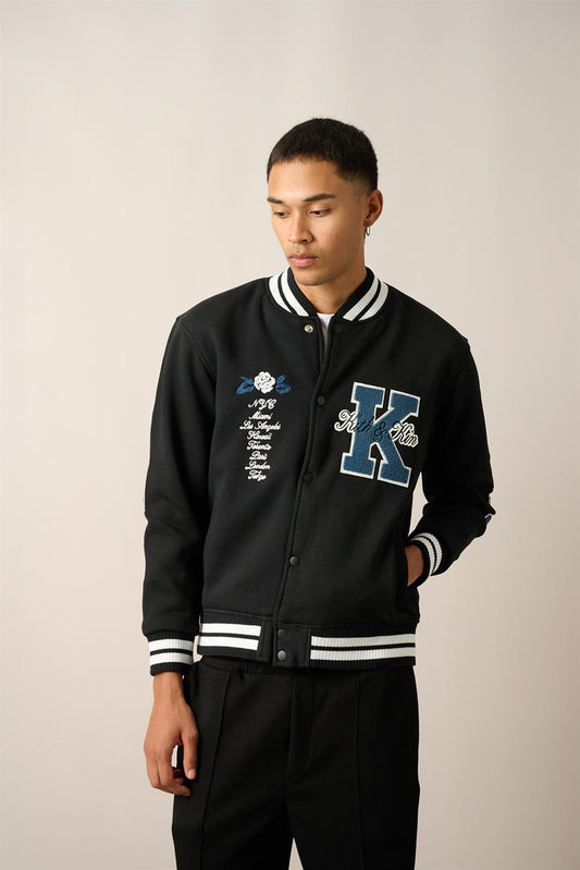 R-2429 Men’s Embroidered Fleece-Lined College Jacket – Black