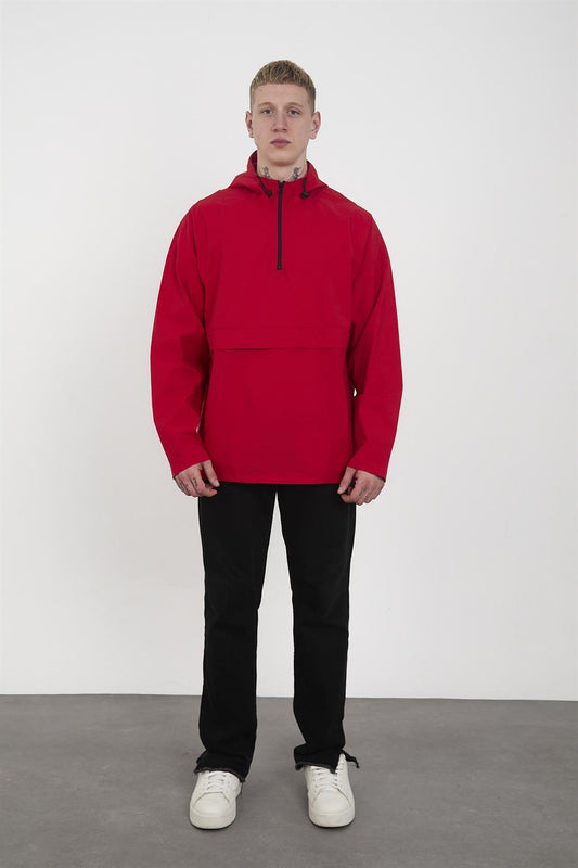 R-2448 Men’s Hooded Half-Zip Parachute Windbreaker & Rain Jacket – Red