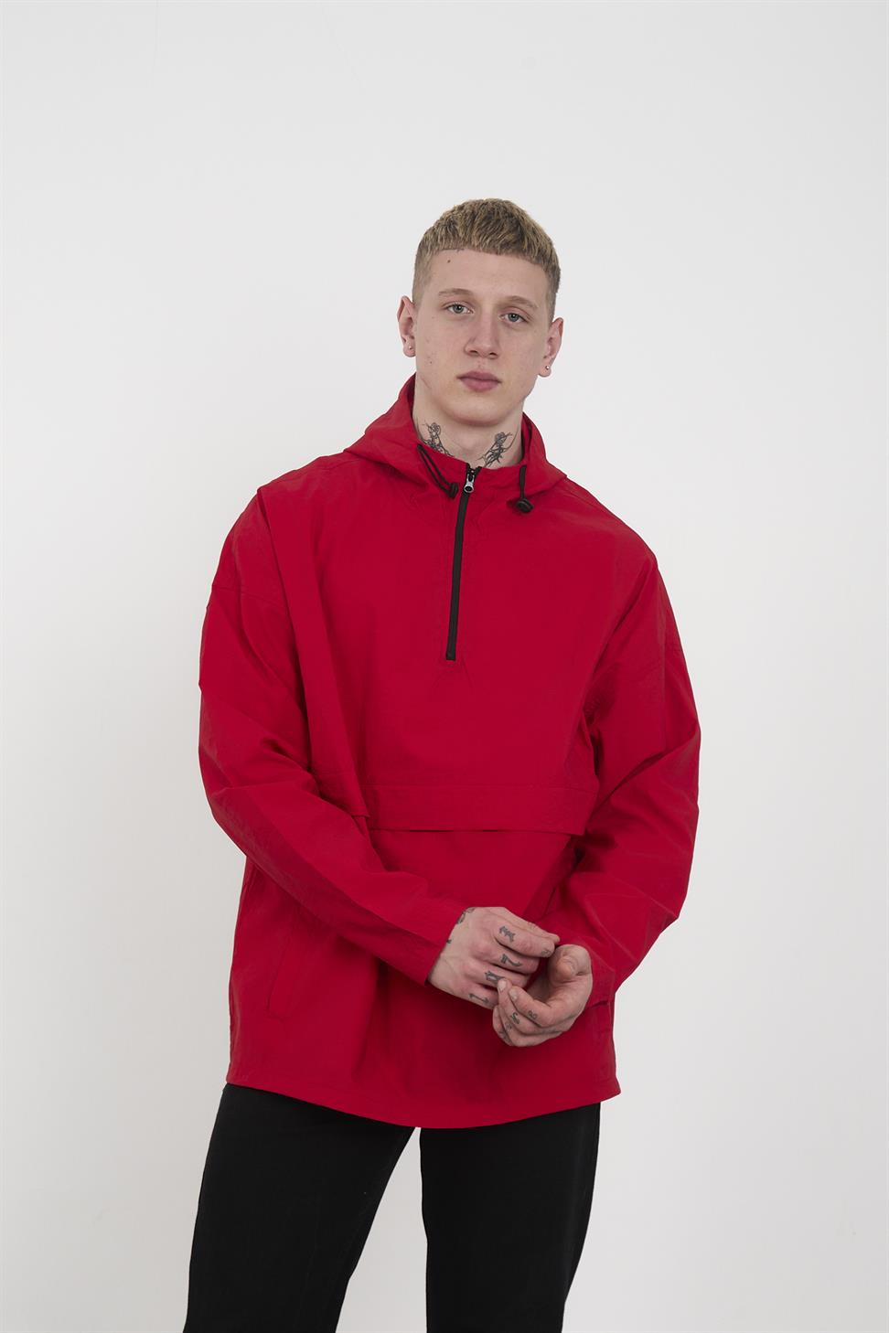 R-2448 Men’s Hooded Half-Zip Parachute Windbreaker & Rain Jacket – Red