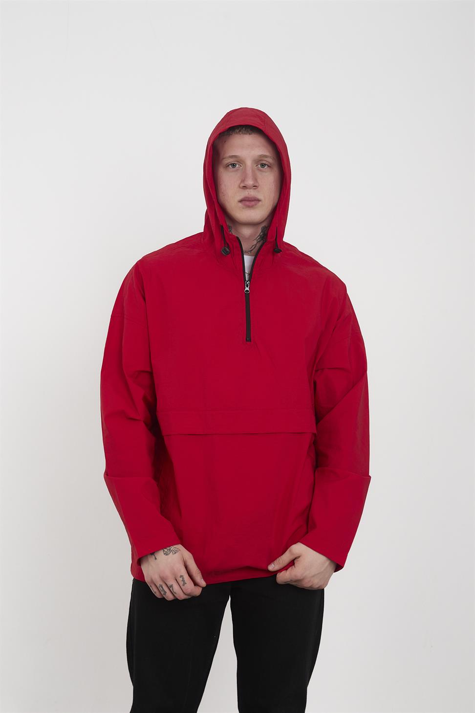 R-2448 Men’s Hooded Half-Zip Parachute Windbreaker & Rain Jacket – Red
