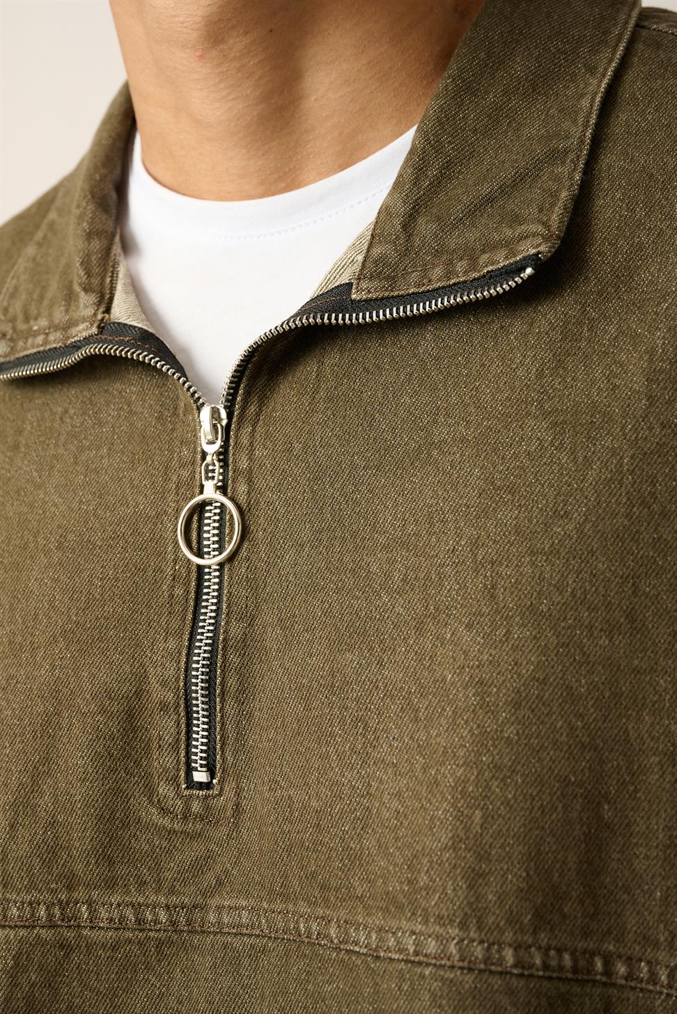 R-2454 Green Half-Zip Denim Sweatshirt with Elastic Hem and Cuffs