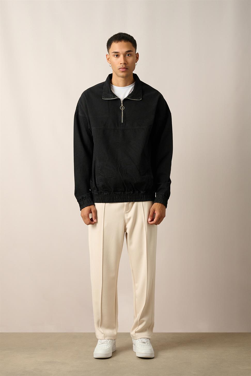 R-2454 Black Half-Zip Denim Sweatshirt with Elastic Hem and Cuffs