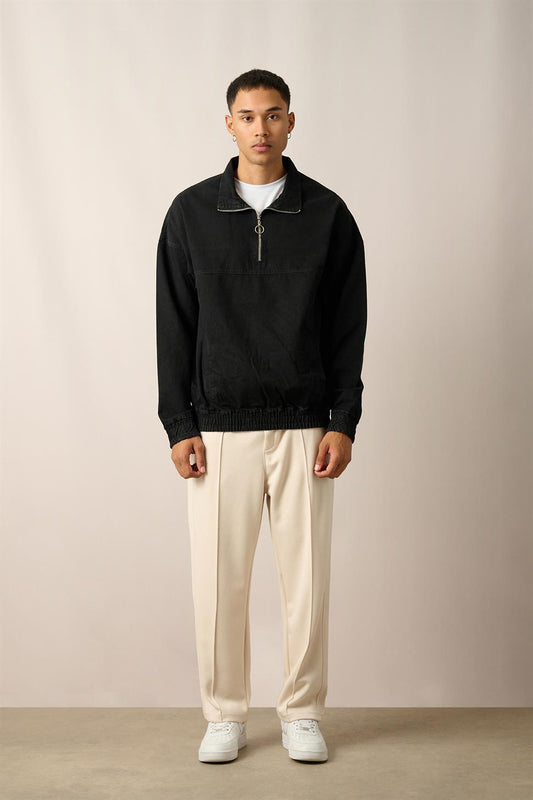 R-2454 Black Half-Zip Denim Sweatshirt with Elastic Hem and Cuffs