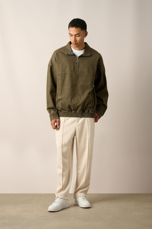 R-2454 Green Half-Zip Denim Sweatshirt with Elastic Hem and Cuffs