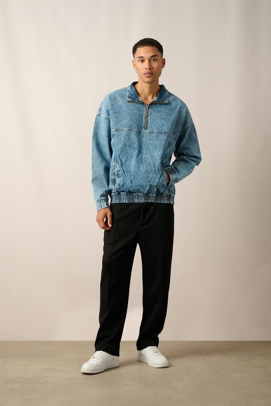 R-2454 Blue Half-Zip Denim Sweatshirt with Elastic Hem and Cuffs
