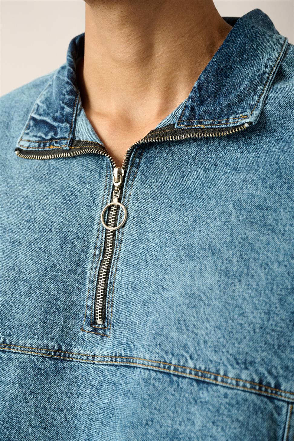 R-2454 Blue Half-Zip Denim Sweatshirt with Elastic Hem and Cuffs