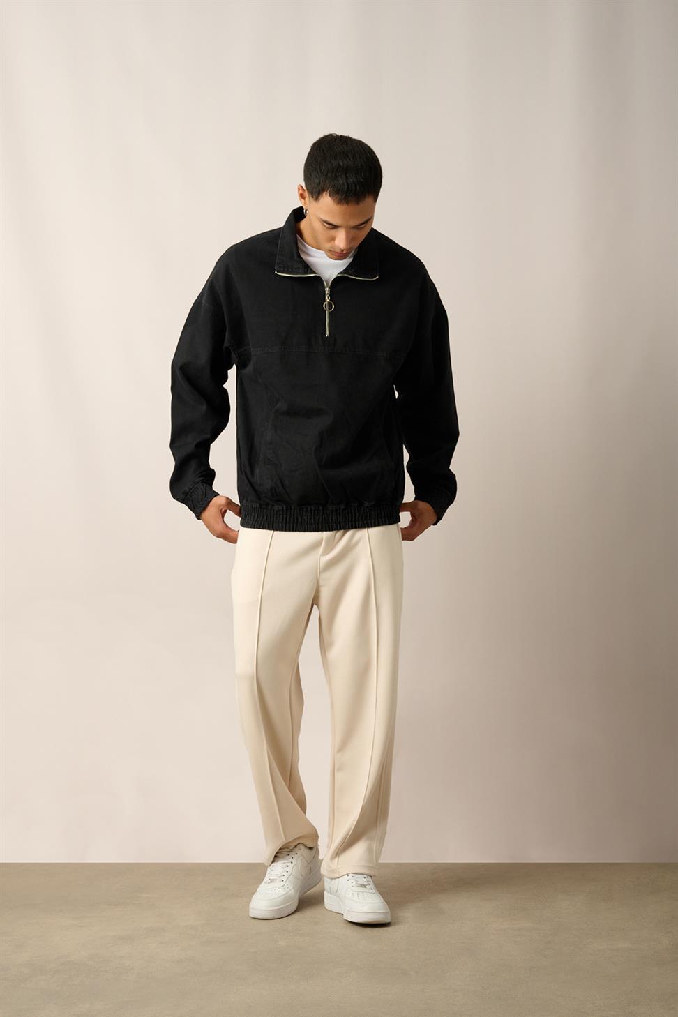 R-2454 Black Half-Zip Denim Sweatshirt with Elastic Hem and Cuffs