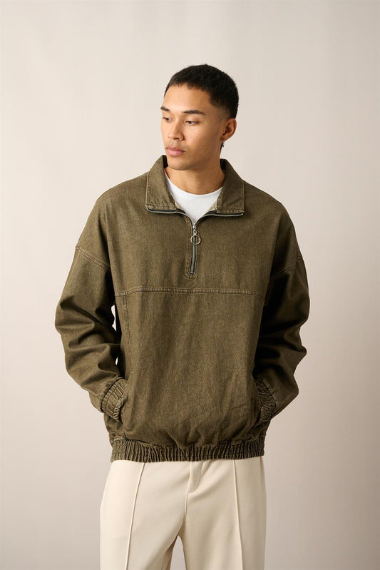 R-2454 Green Half-Zip Denim Sweatshirt with Elastic Hem and Cuffs