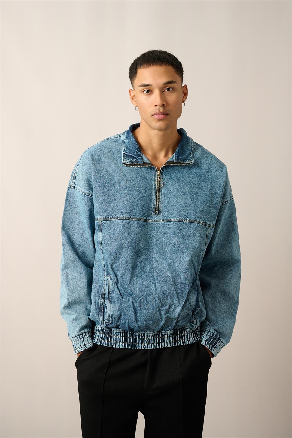 R-2454 Blue Half-Zip Denim Sweatshirt with Elastic Hem and Cuffs