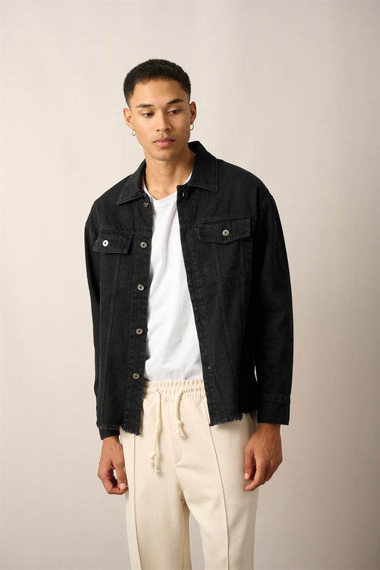 R-2457 Men’s Washed Denim Jacket with Flap Pockets – Black