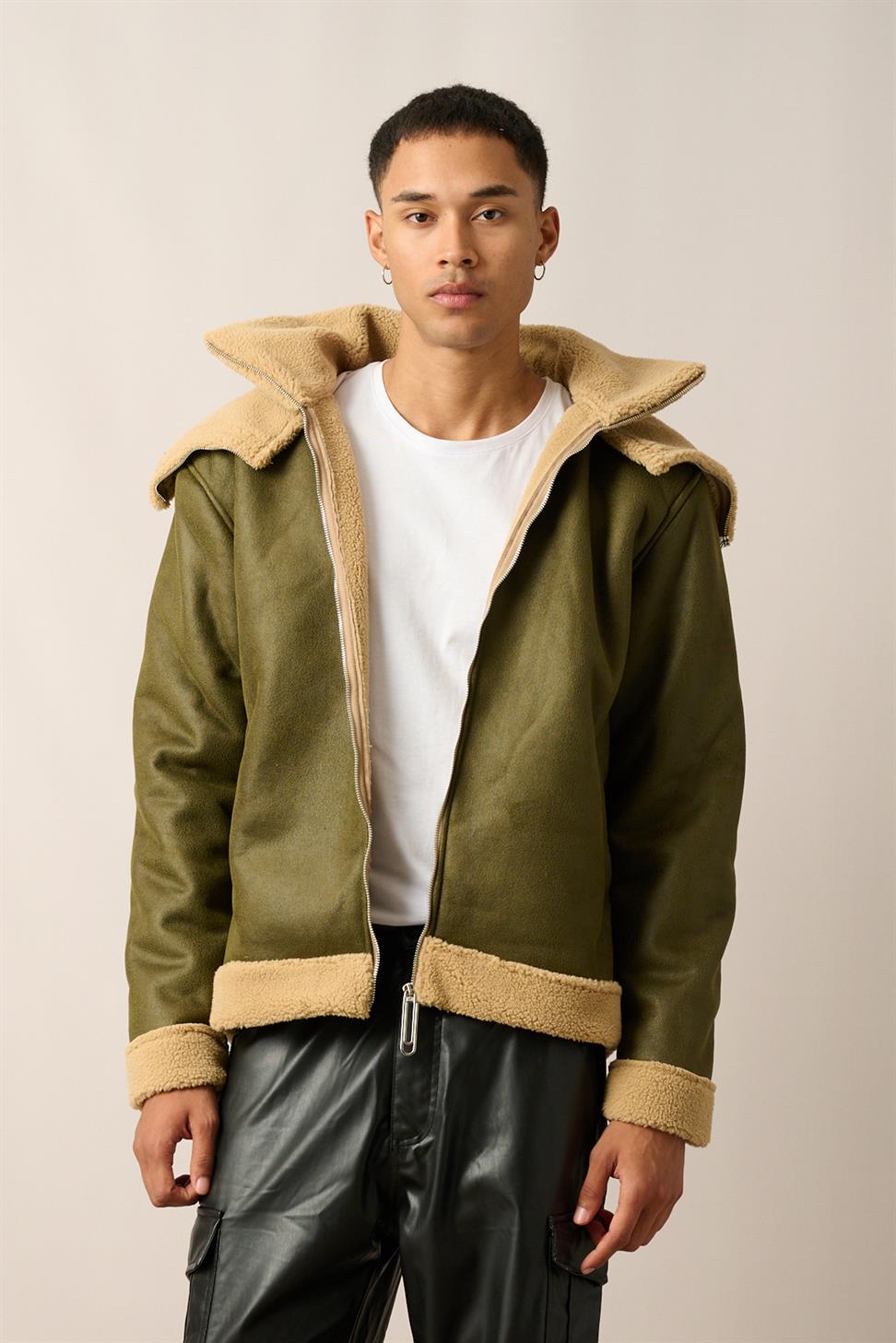 R-2460 Men’s Double Collar Fur-Lined Zip-Up Jacket – Green