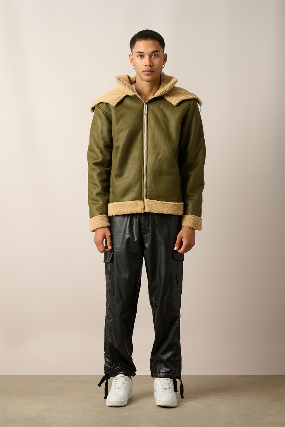 R-2460 Men’s Double Collar Fur-Lined Zip-Up Jacket – Green