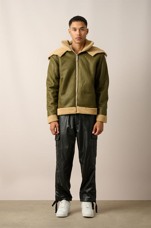 R-2460 Men’s Double Collar Fur-Lined Zip-Up Jacket – Green
