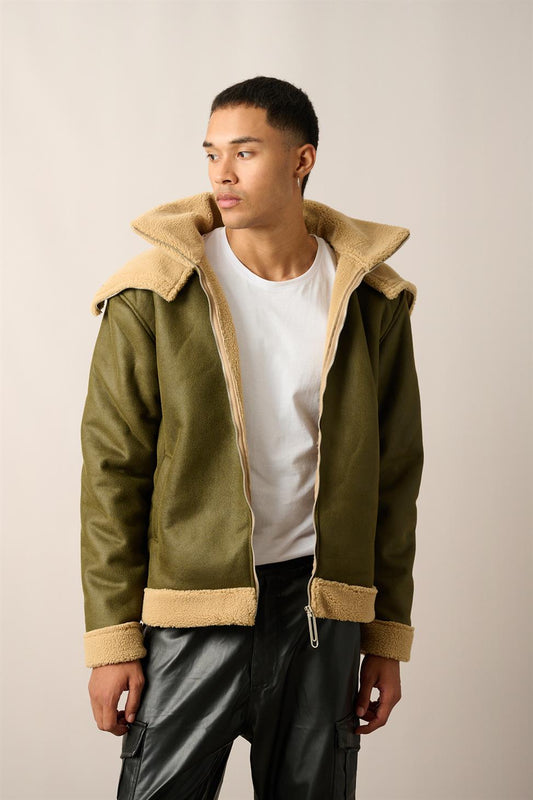 R-2460 Men’s Double Collar Fur-Lined Zip-Up Jacket – Green