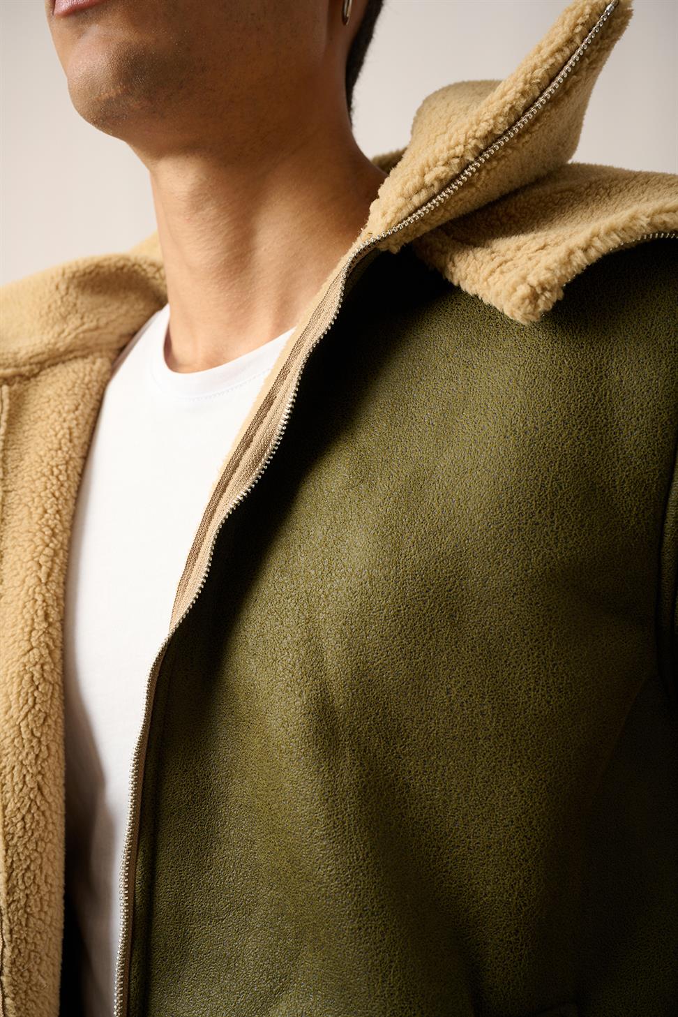R-2460 Men’s Double Collar Fur-Lined Zip-Up Jacket – Green
