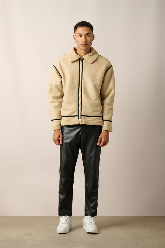 R-2461 Striped Detail Zippered Faux Shearling Jacket
