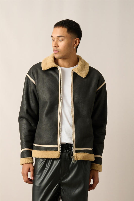 R-2461 Striped Detail Zippered Faux Shearling Jacket