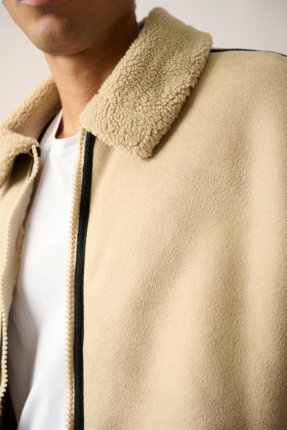 R-2461 Striped Detail Zippered Faux Shearling Jacket