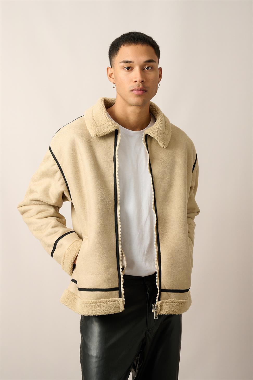 R-2461 Striped Detail Zippered Faux Shearling Jacket