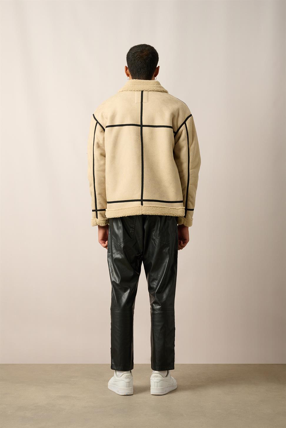 R-2461 Striped Detail Zippered Faux Shearling Jacket