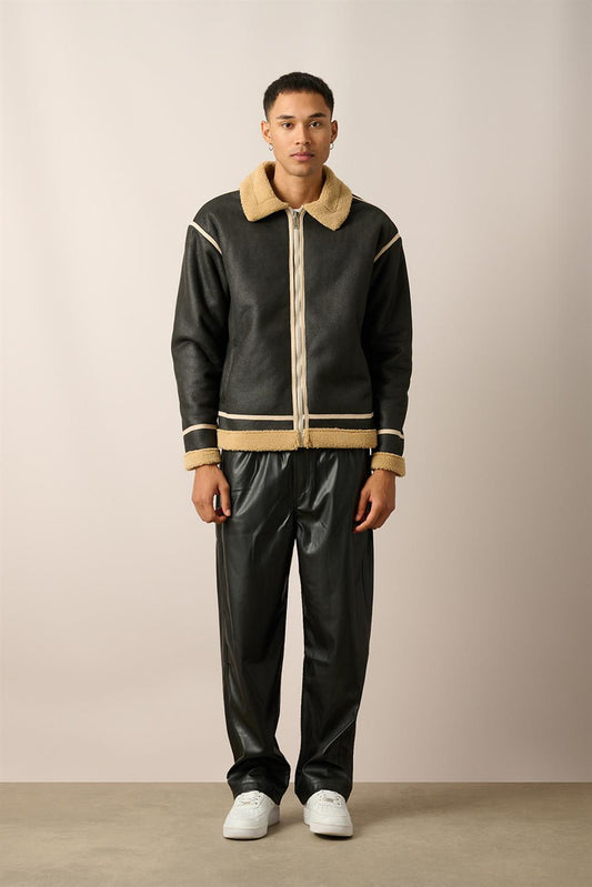R-2461 Striped Detail Zippered Faux Shearling Jacket