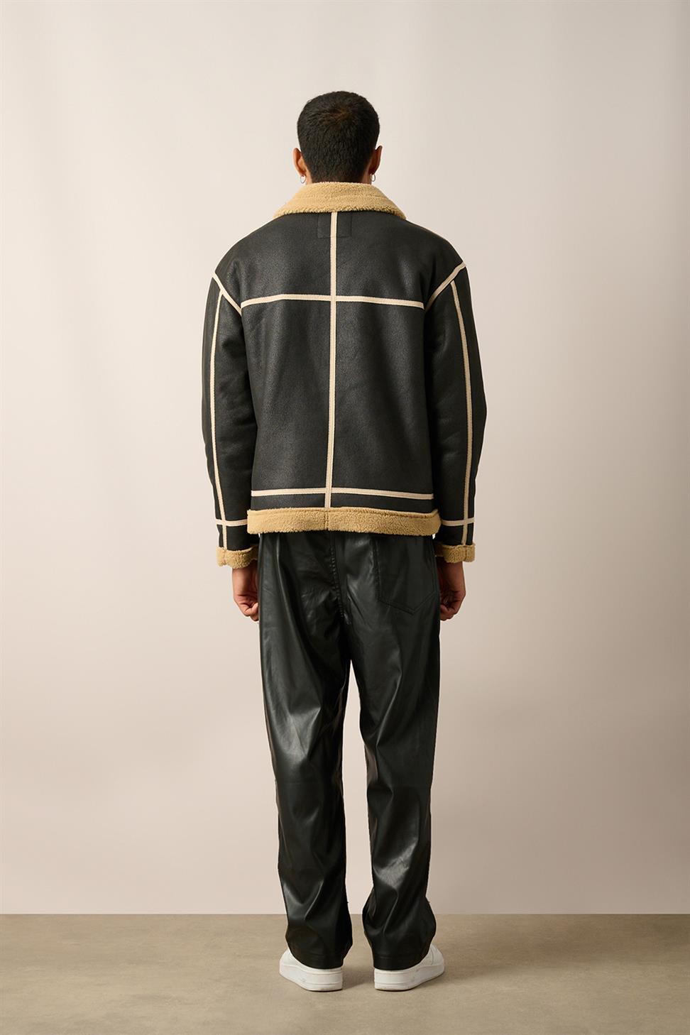 R-2461 Striped Detail Zippered Faux Shearling Jacket