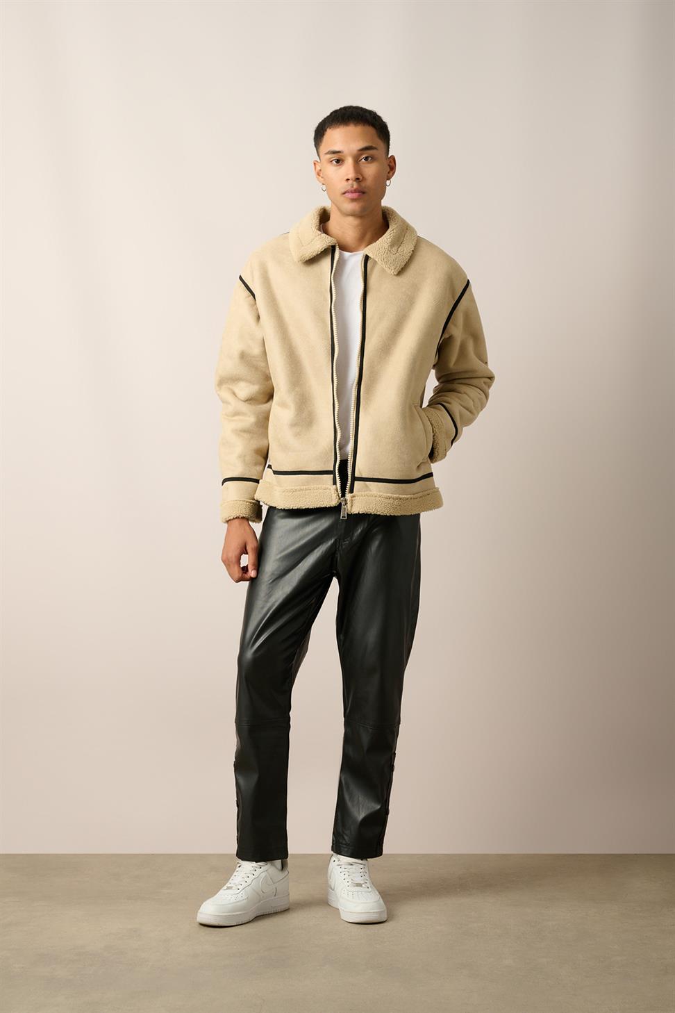 R-2461 Striped Detail Zippered Faux Shearling Jacket