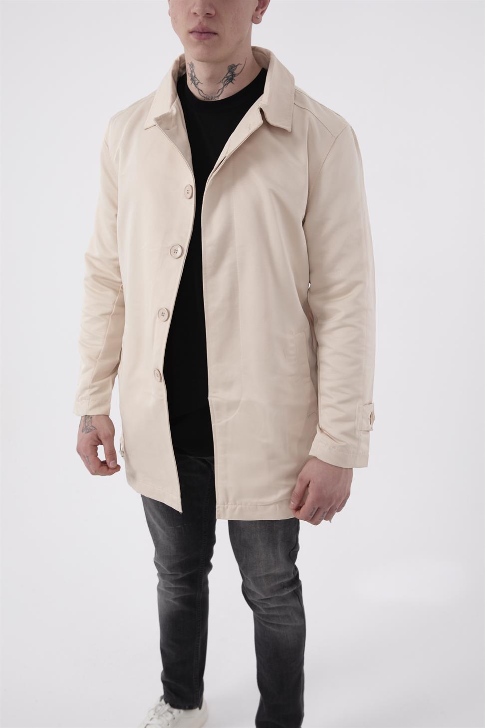 R-2465 Men’s Belted Trench Coat with Epaulette Detail – Beige