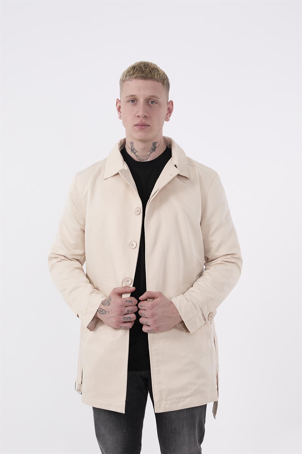 R-2465 Men’s Belted Trench Coat with Epaulette Detail – Beige