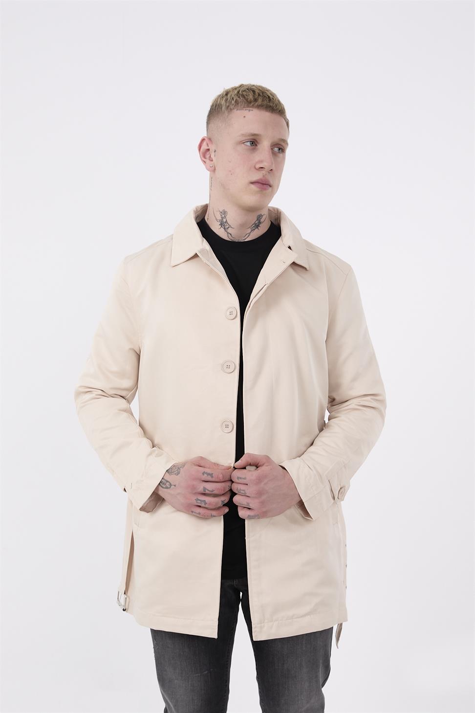 R-2465 Men’s Belted Trench Coat with Epaulette Detail – Beige