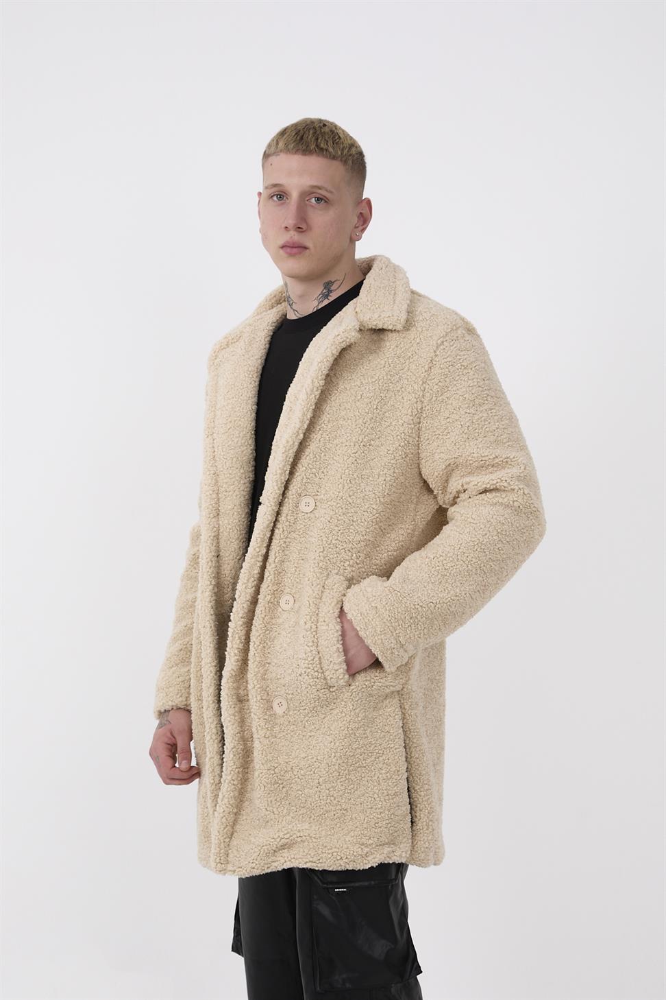 R-2469 Men’s Long Plush Coat with Side Slit and Lining – Beige