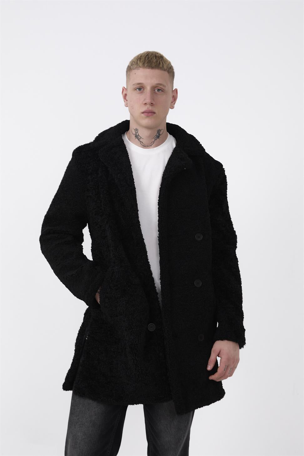 R-2469 Men’s Long Plush Coat with Side Slit and Lining – Black