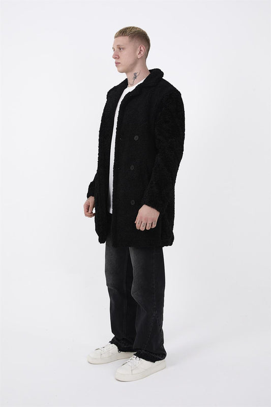 R-2469 Men’s Long Plush Coat with Side Slit and Lining – Black