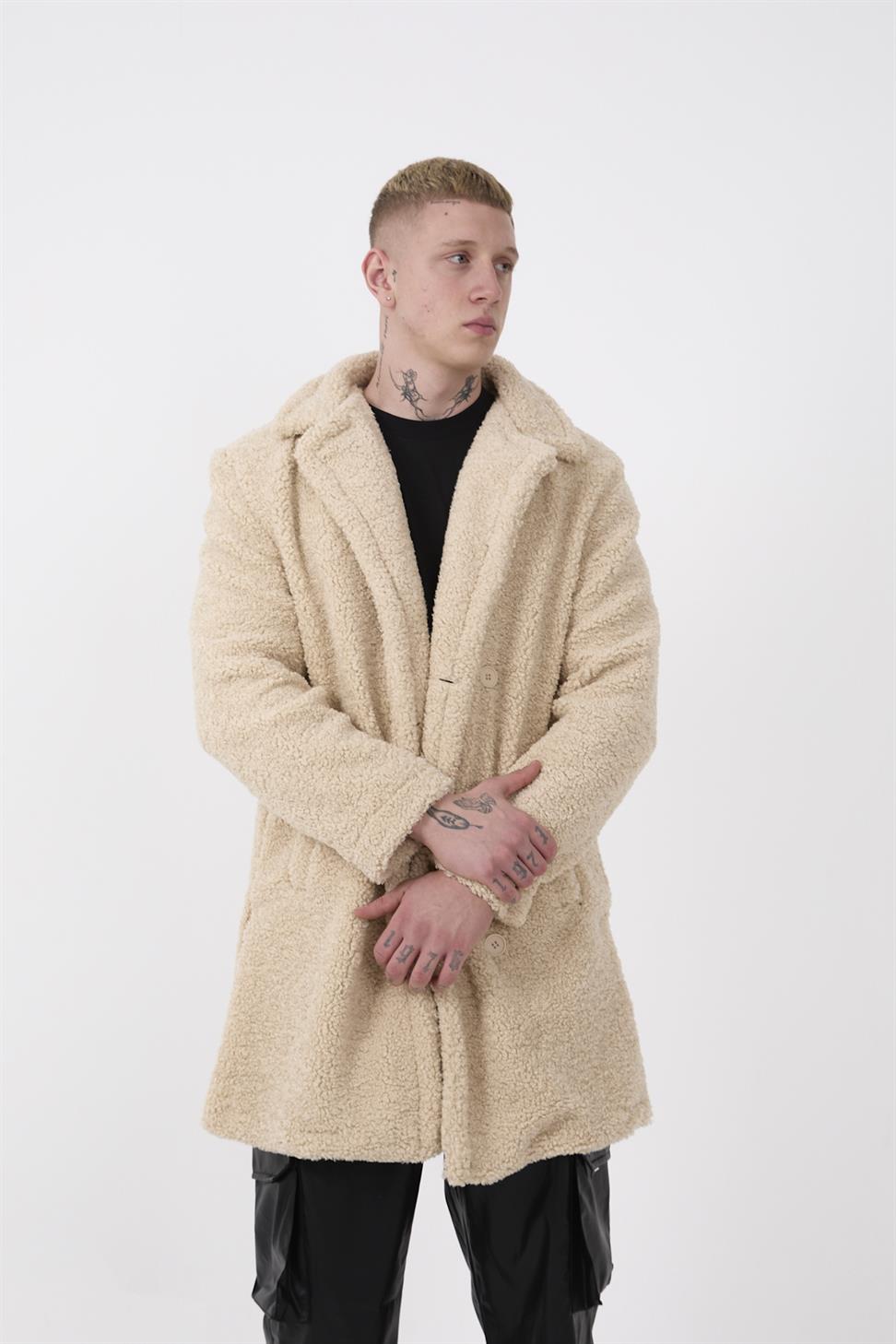R-2469 Men’s Long Plush Coat with Side Slit and Lining – Beige