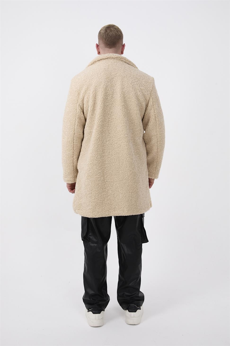 R-2469 Men’s Long Plush Coat with Side Slit and Lining – Beige
