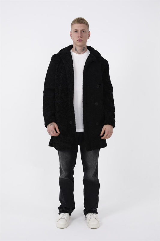 R-2469 Men’s Long Plush Coat with Side Slit and Lining – Black