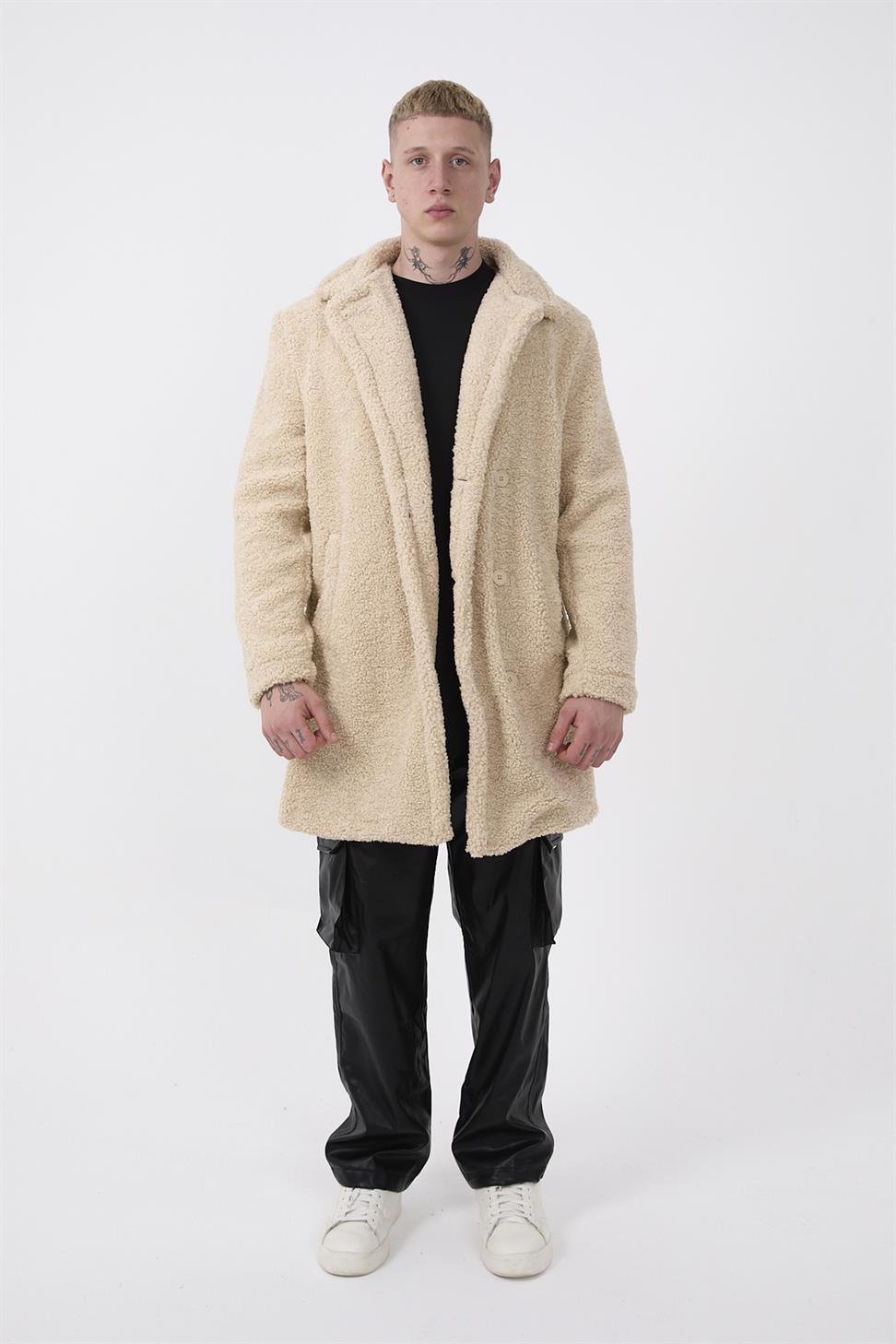 R-2469 Men’s Long Plush Coat with Side Slit and Lining – Beige