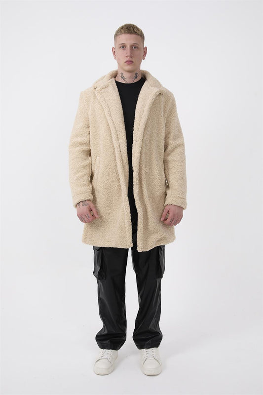 R-2469 Men’s Long Plush Coat with Side Slit and Lining – Beige