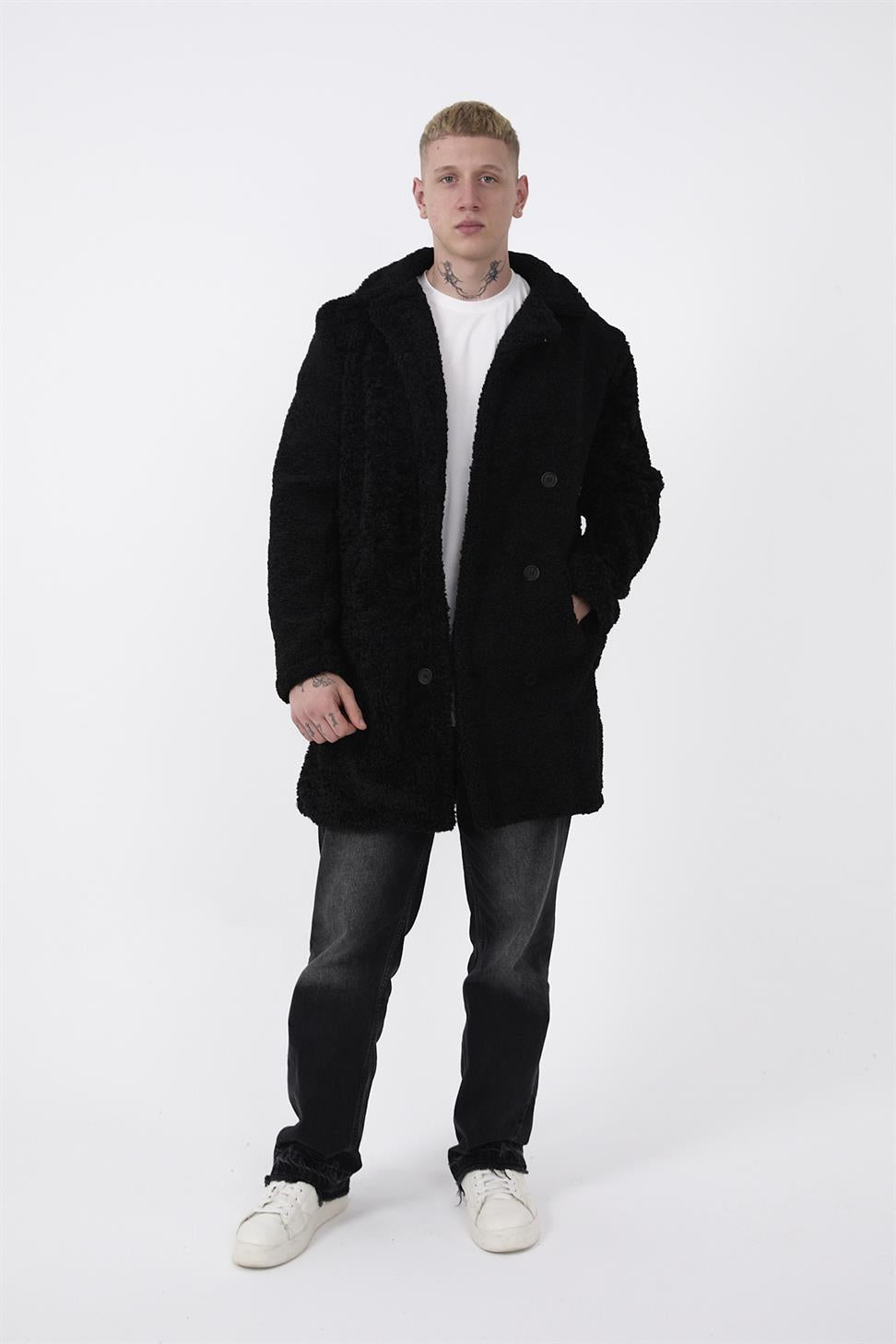 R-2469 Men’s Long Plush Coat with Side Slit and Lining – Black