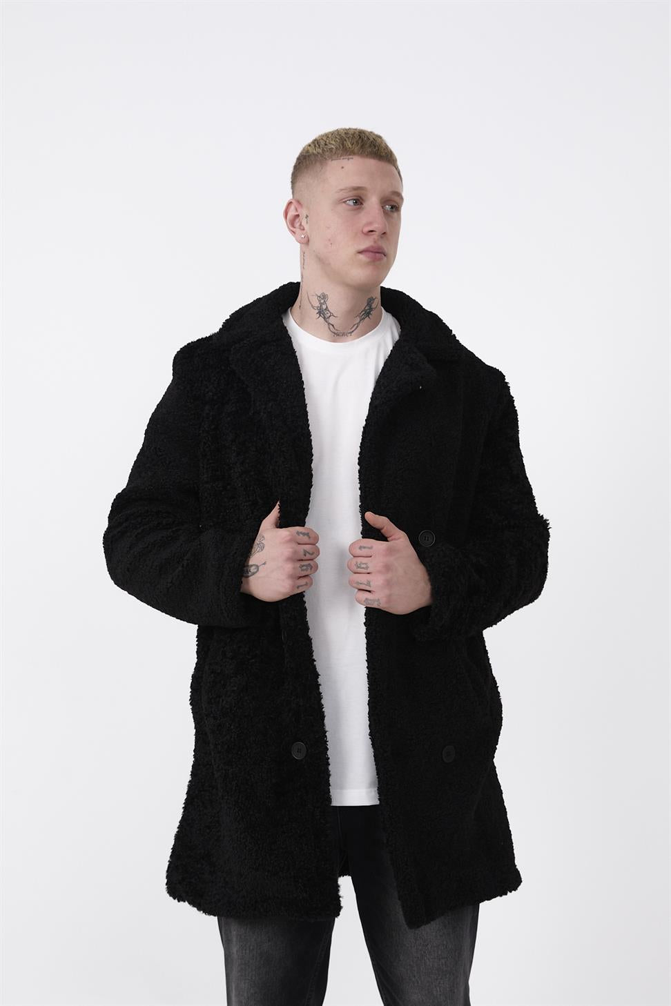 R-2469 Men’s Long Plush Coat with Side Slit and Lining – Black
