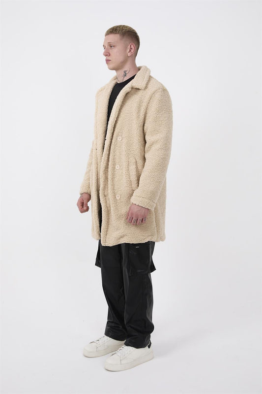 R-2469 Men’s Long Plush Coat with Side Slit and Lining – Beige