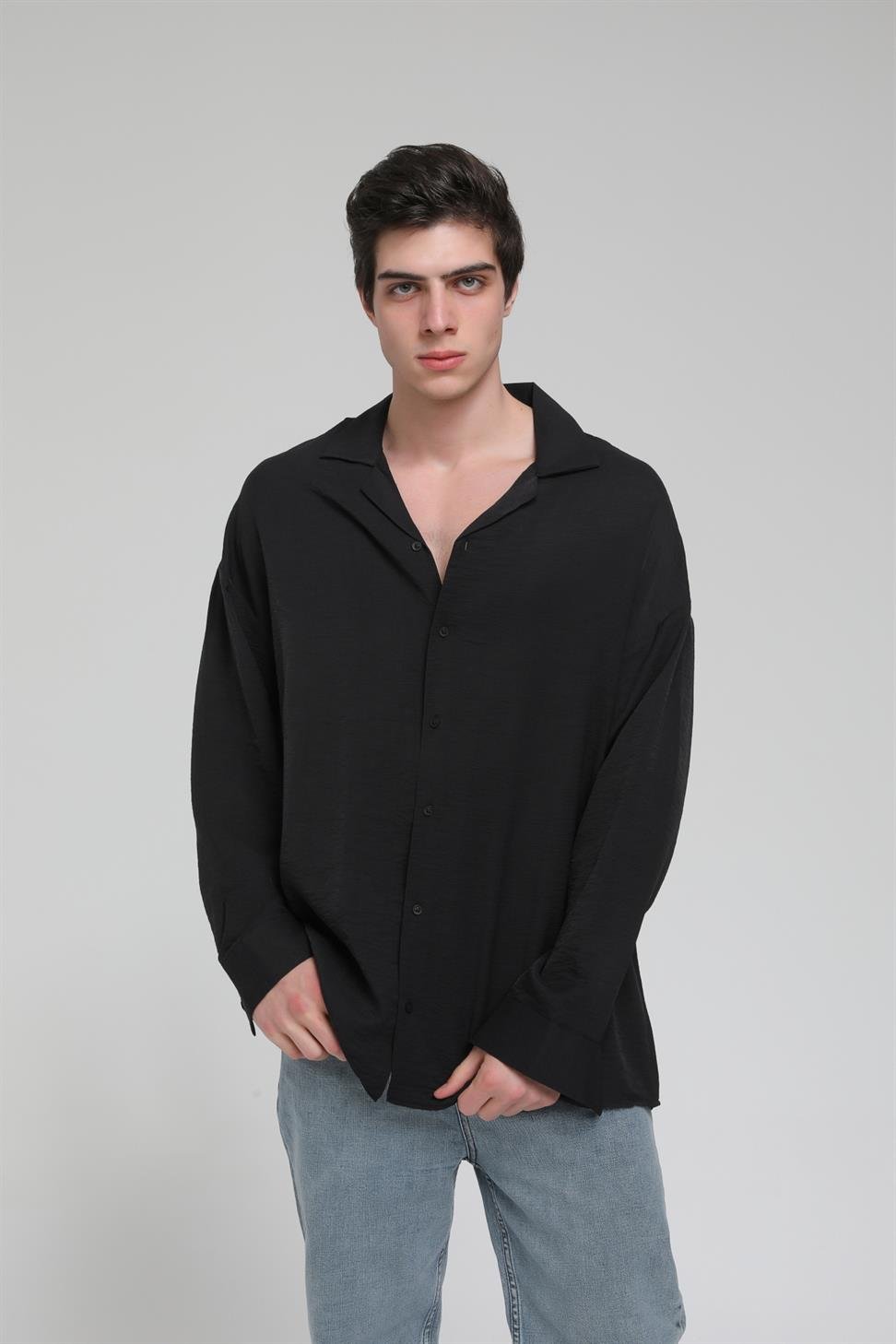R-3575 Men’s Oversize Long Sleeve Polyester Aerobin Shirt – Cuban Collar, Relaxed Fit