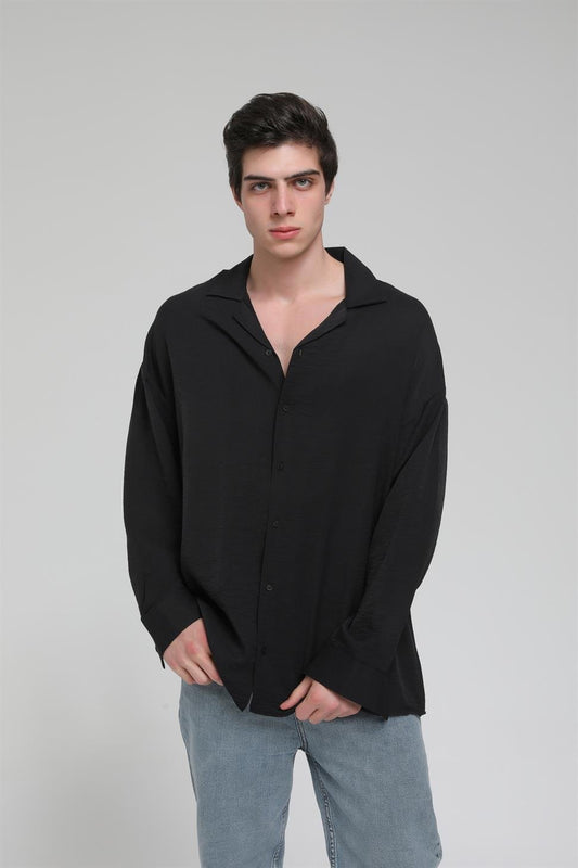 R-3575 Men’s Oversize Long Sleeve Polyester Aerobin Shirt – Cuban Collar, Relaxed Fit